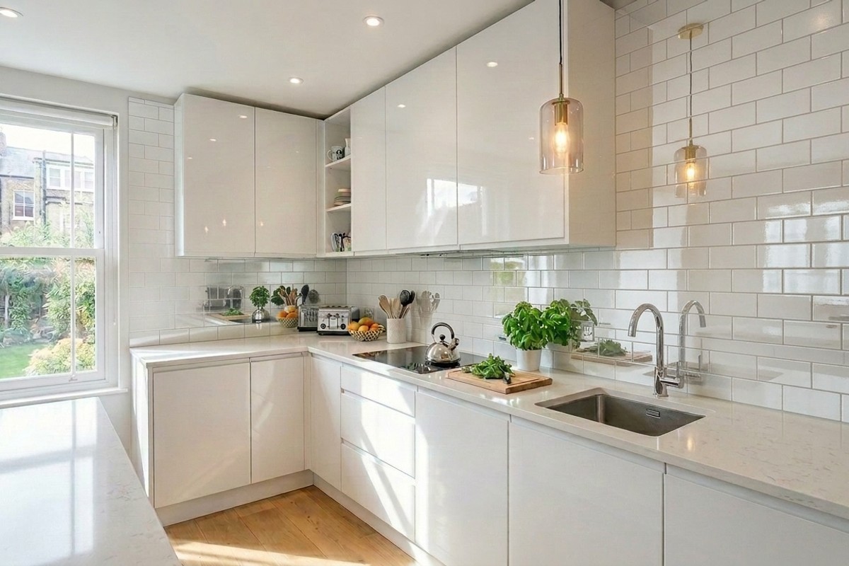 Small kitchen featuring a mirrored backsplash, polished quartz countertops, and high-gloss cabinets to reflect light