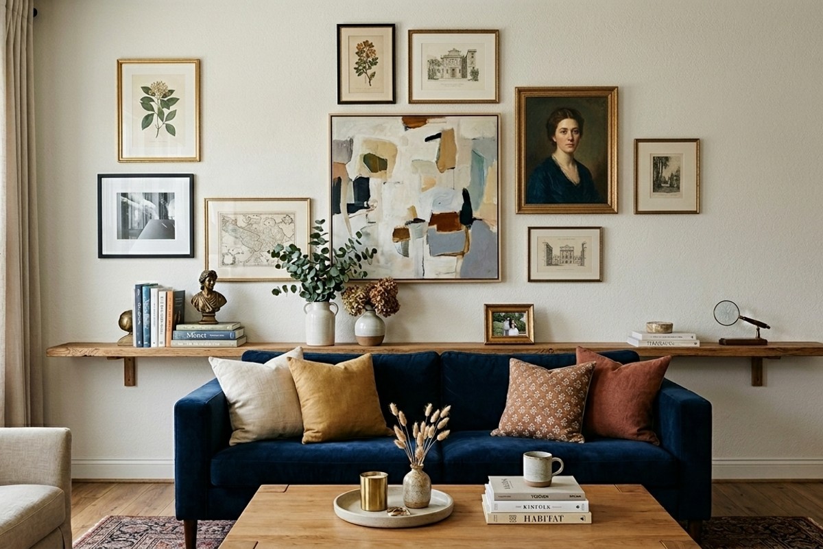 Curated living room gallery wall with new and reframed artwork, styled shelves with decor