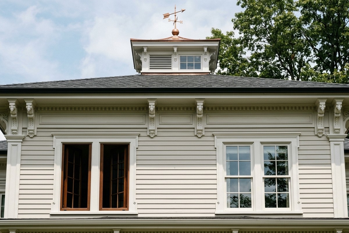 Refined architectural details on a home facade, including a cupola, updated window casings, and decorative corbels.