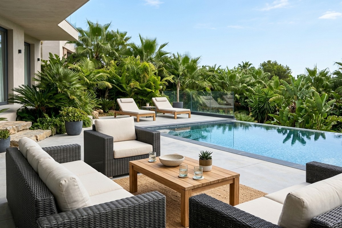 Stylish outdoor lounge furniture on a concrete patio next to a pool.