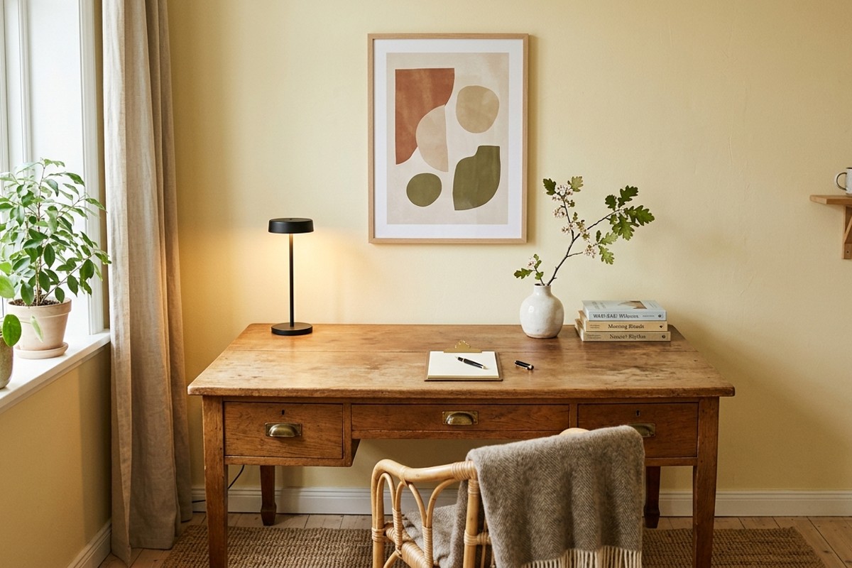 Serene home office with a vintage desk, pastel yellow wall, and thoughtfully curated personal items like art and books, avoiding clutter.