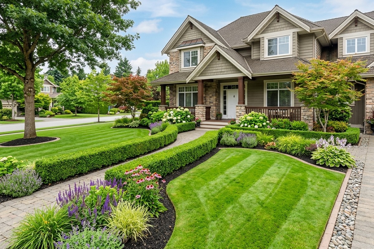 Manicured front yard with neatly trimmed hedges, weed-free garden beds, and crisp lawn edging.