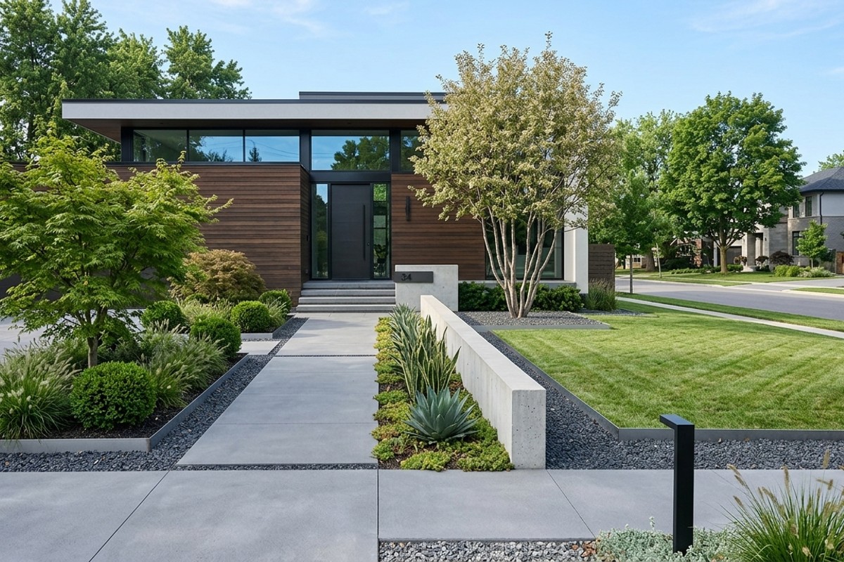 A minimalist front yard landscape design with clean lines, geometric shapes, and a limited plant palette.