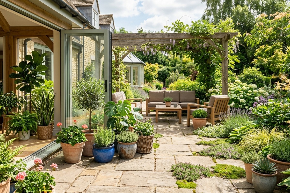 Patio with integrated greenery, potted plants matching indoor decor, and landscaping flowing directly into the area