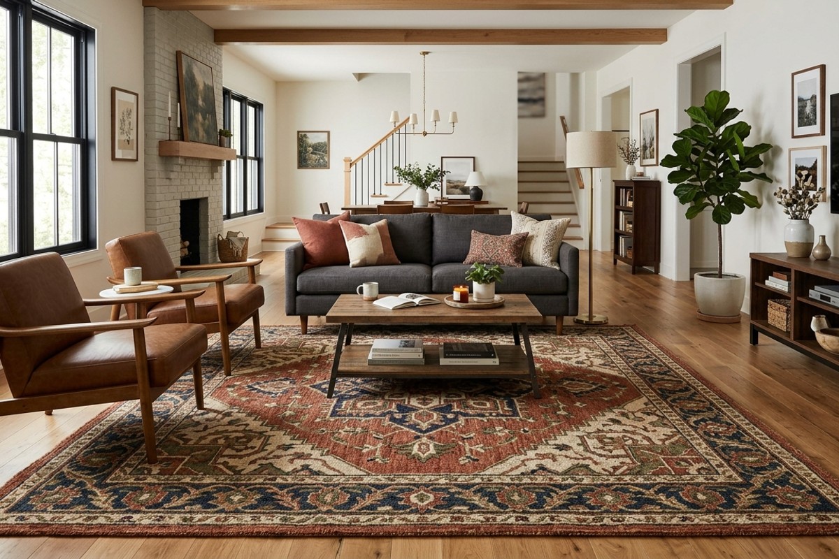 Living room with a new jute and wool area rug featuring a vintage-inspired pattern