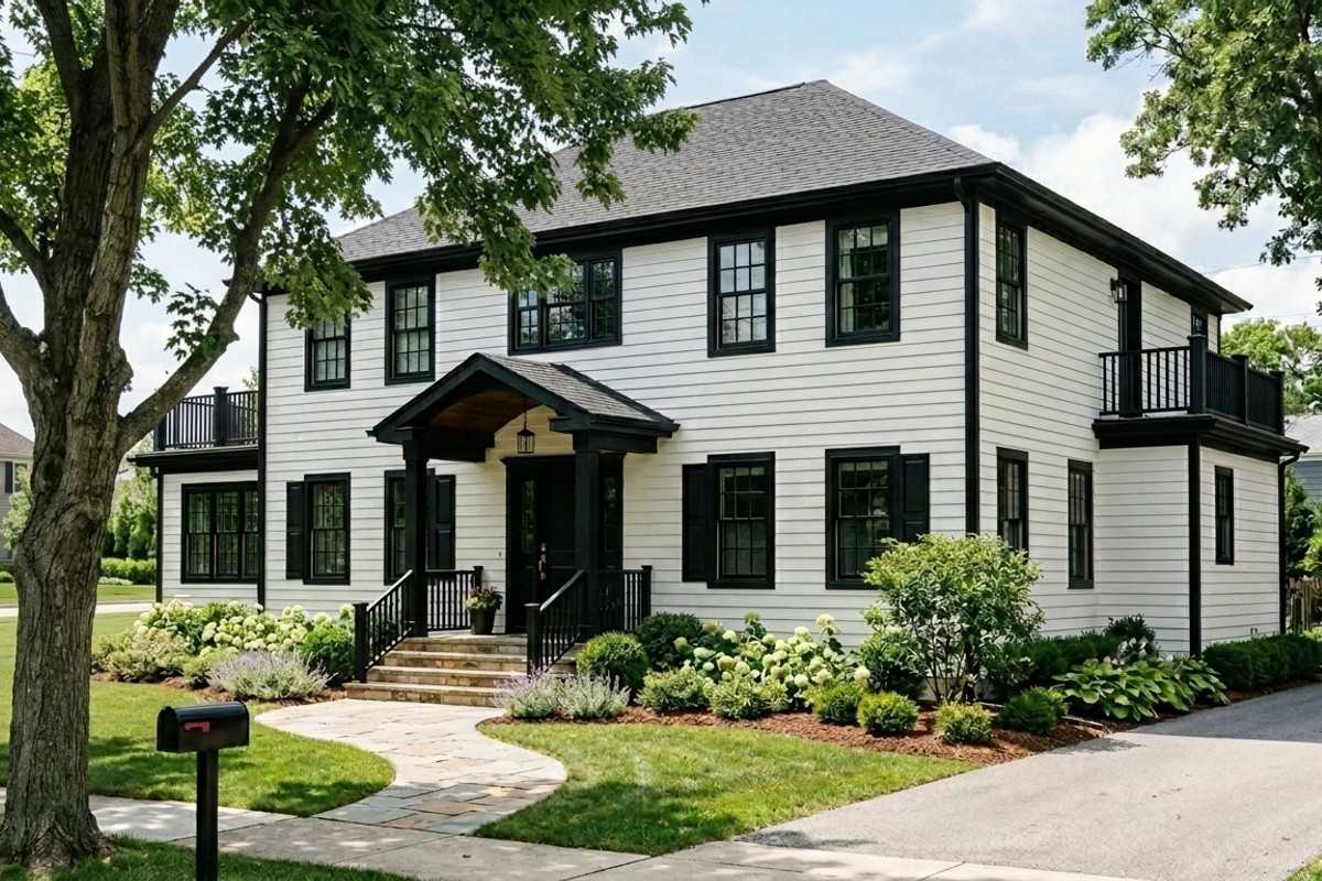 Freshly painted home exterior with soft white siding and black trim, showcasing a cohesive color scheme.
