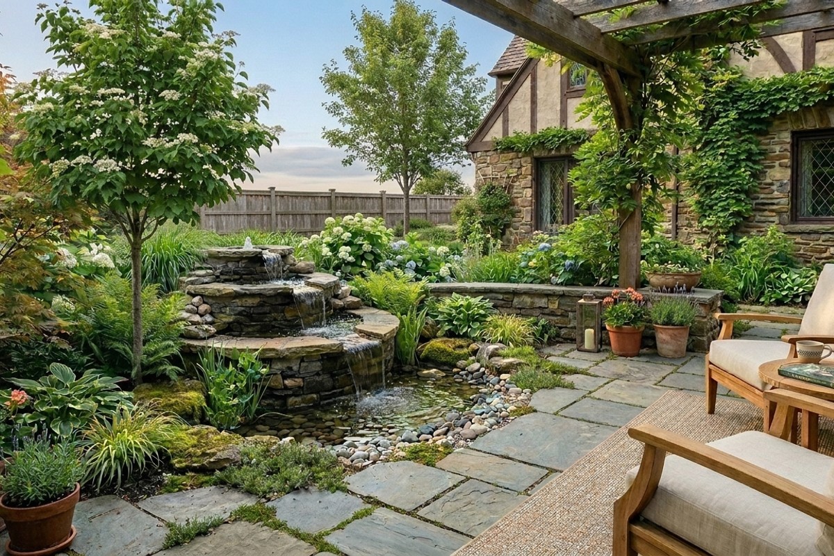Serene patio design with a small bubbling urn water feature, enhancing peaceful ambiance and masking sounds.