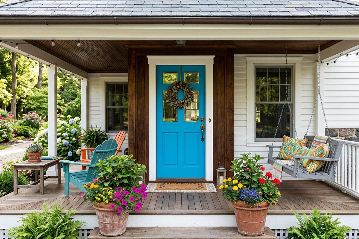 Front porch with a vibrant azure blue front door and colorful planters.
