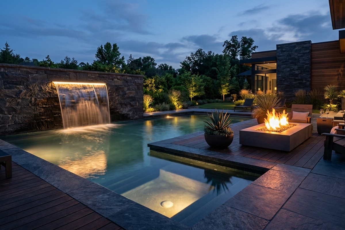 Pool with a modern sheet waterfall and a fire pit creating a cozy ambiance at dusk.