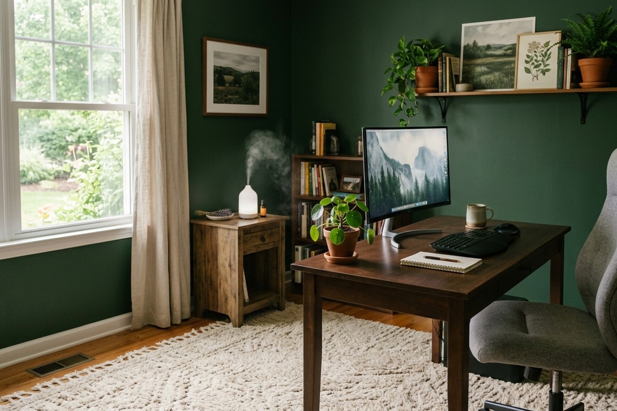Tranquil home office with a plush beige rug for acoustic comfort and a subtle essential oil diffuser, enhancing sensory well-being.