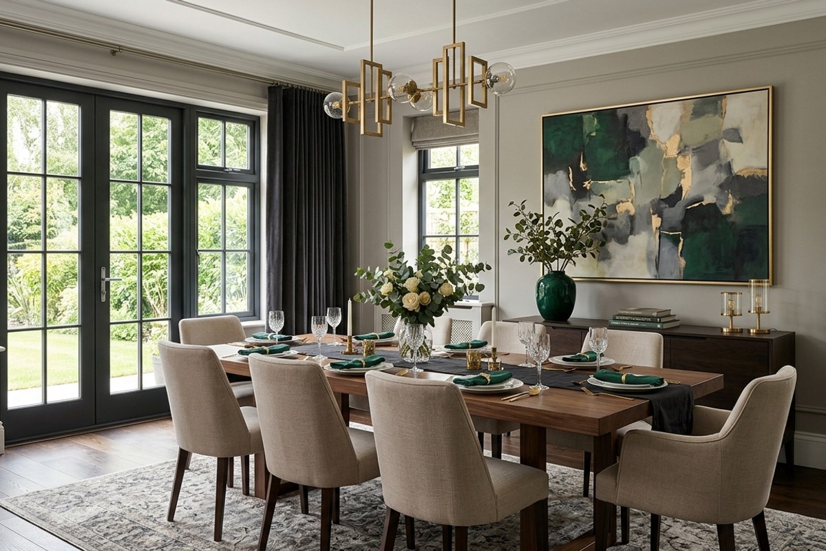 Sophisticated dining room with a neutral base of warm greys, soft beiges, and accents of deep emerald and muted gold