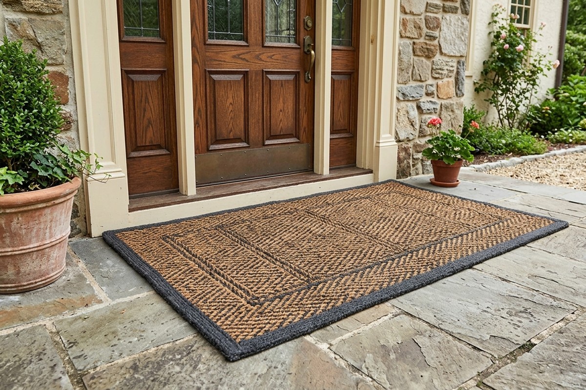 A stylish, substantial welcome mat placed invitingly at a home's front door.