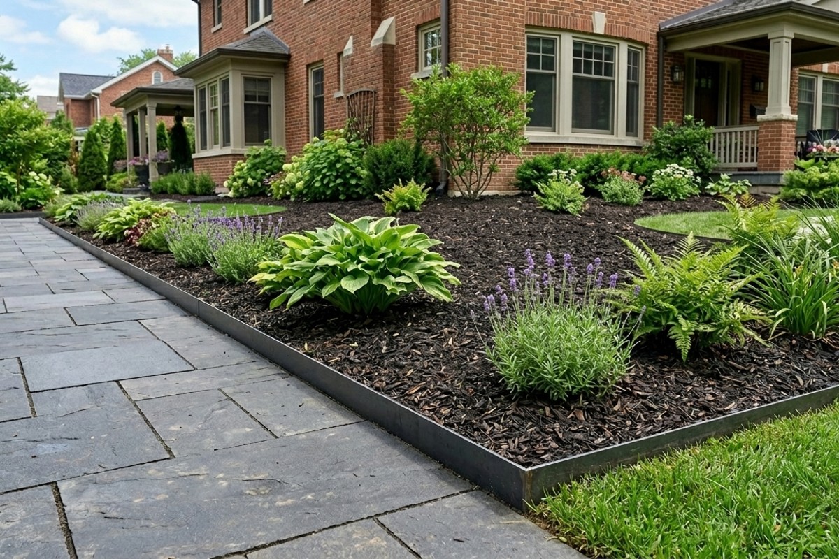 Durable metal edging creating a clean border between a planting bed and a pathway in a front yard.