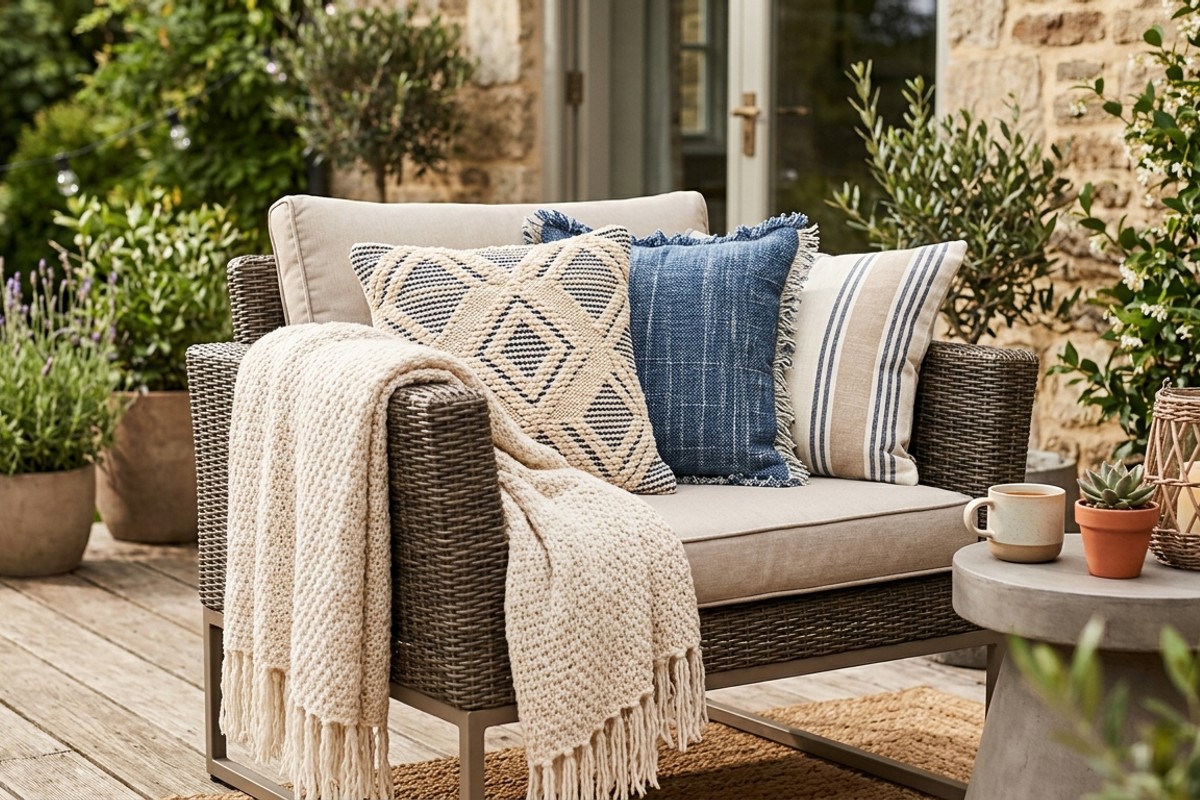 Outdoor patio seating area with decorative pillows and throw blankets for cohesion and comfort