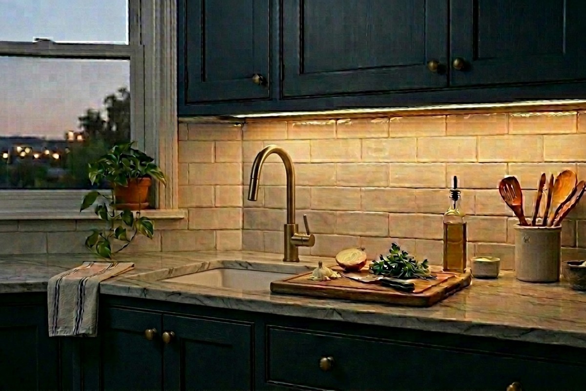 Small kitchen countertop illuminated by discreet undercabinet LED strip lighting, providing functional and ambient light
