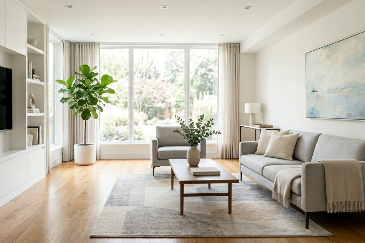 Sparkling clean and decluttered living room after a thorough deep cleaning session