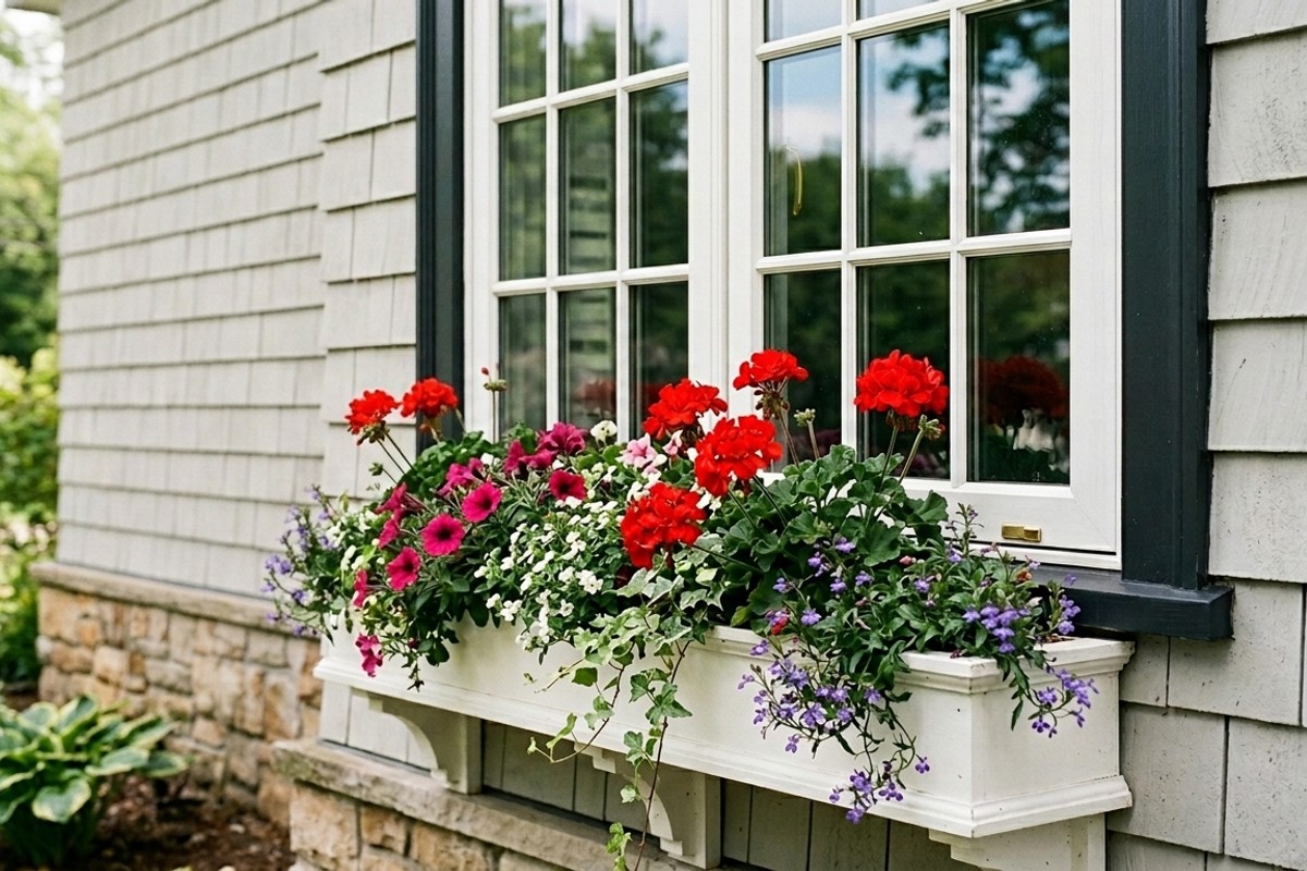 Home windows with decorative grilles and a charming window box filled with vibrant seasonal blooms.