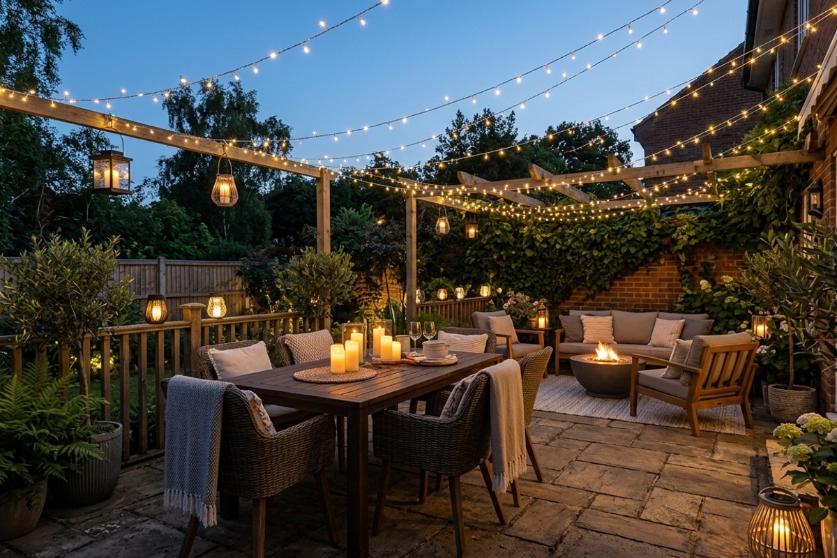 Patio at dusk, illuminated by soft, warm string fairy lights, solar lanterns, and flameless candles for ambiance.