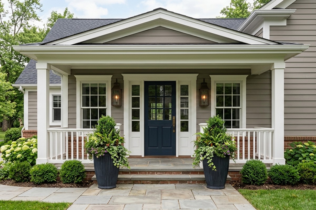 Symmetrical front porch design with matching planters and lanterns by the door.