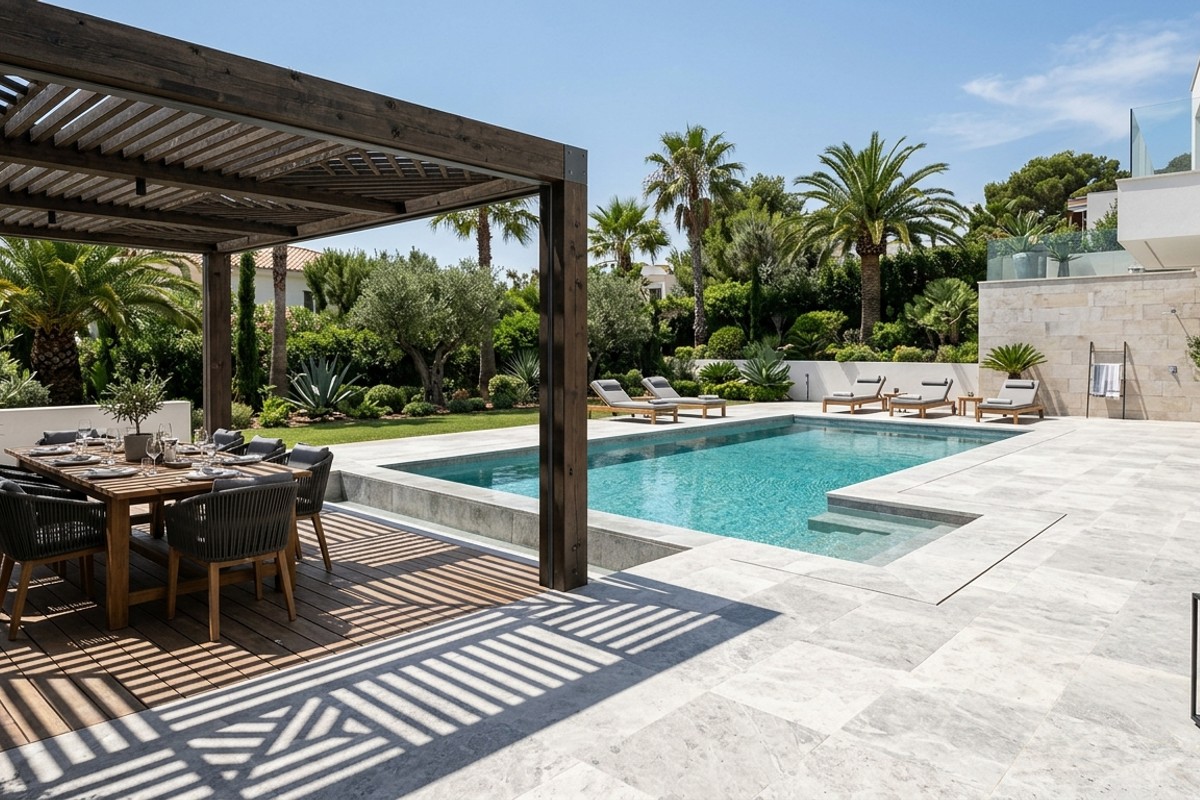 Luxurious pool area with a modern wooden pergola offering shade over an outdoor dining space.