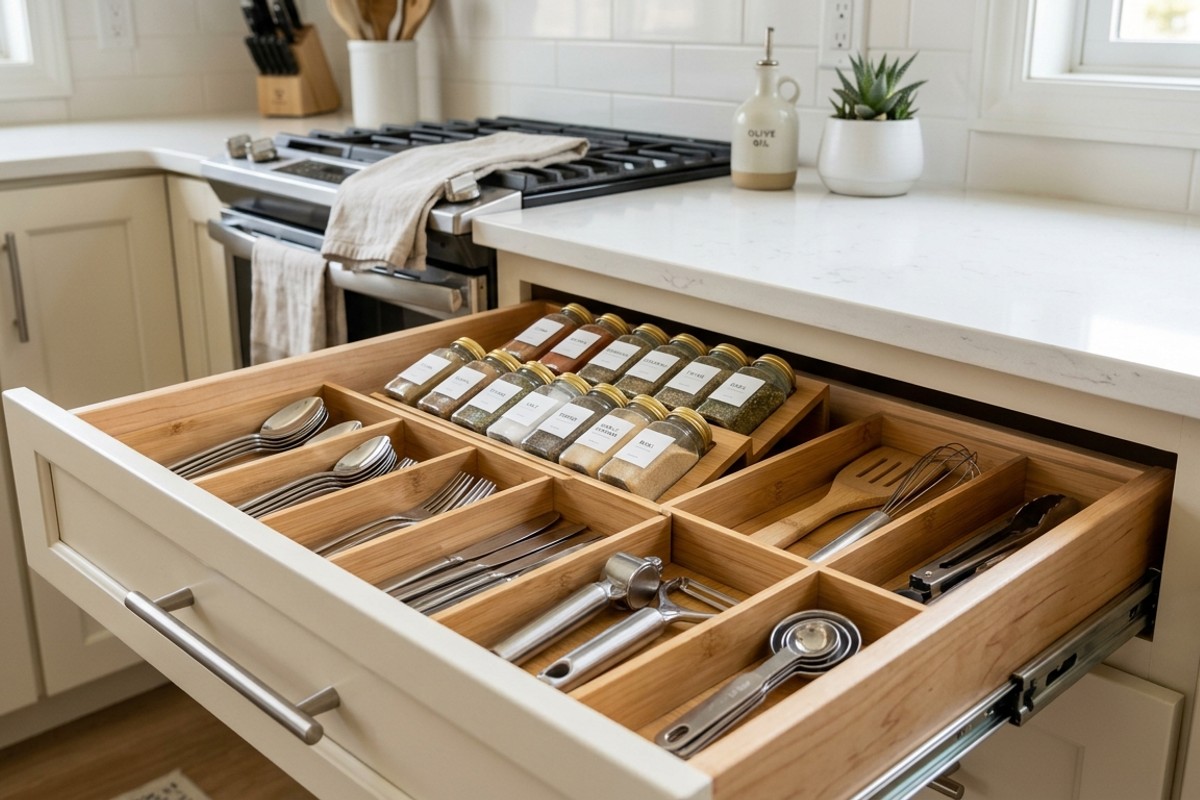 Perfectly organized small kitchen drawer with dividers for utensils and gadgets, representing a clutter-free space