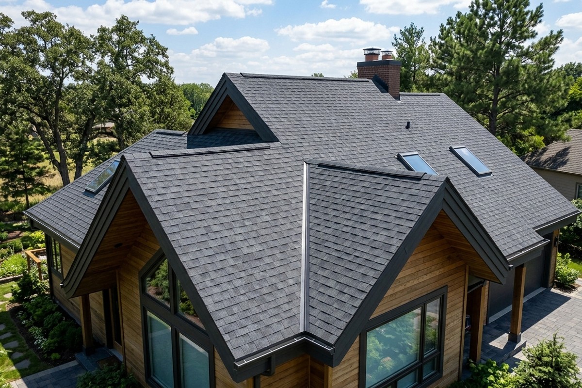 Clean, well-maintained roof with architectural asphalt shingles, emphasizing the home's distinct roofline.