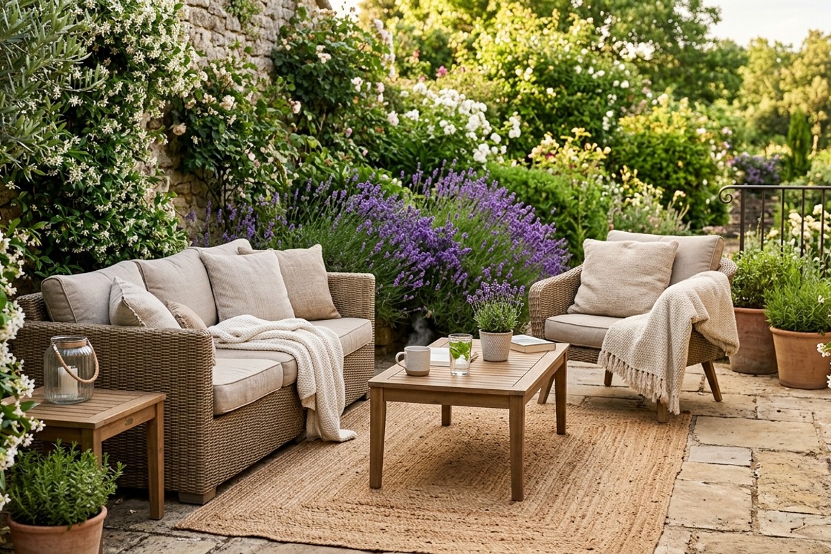 Calm outdoor living space featuring fragrant jasmine and lavender plants, woven rugs, natural stone, and soft fabrics.