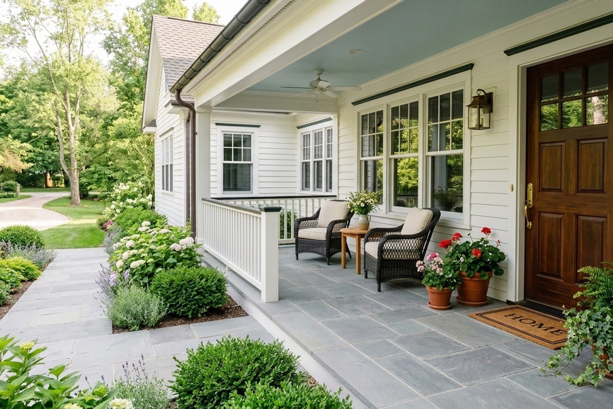 Clean and clear front porch with swept pathways and sparkling windows.