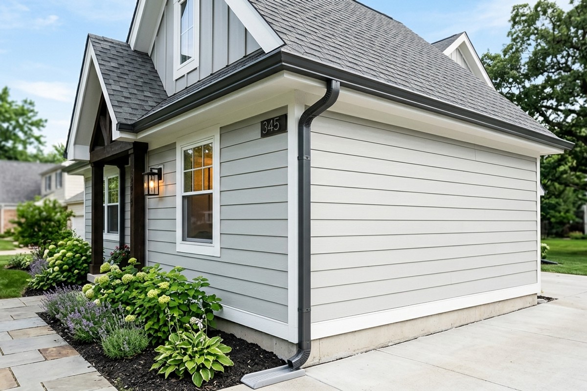 Clean, newly repaired gutters and downspouts on a home, showing sharp exterior lines.