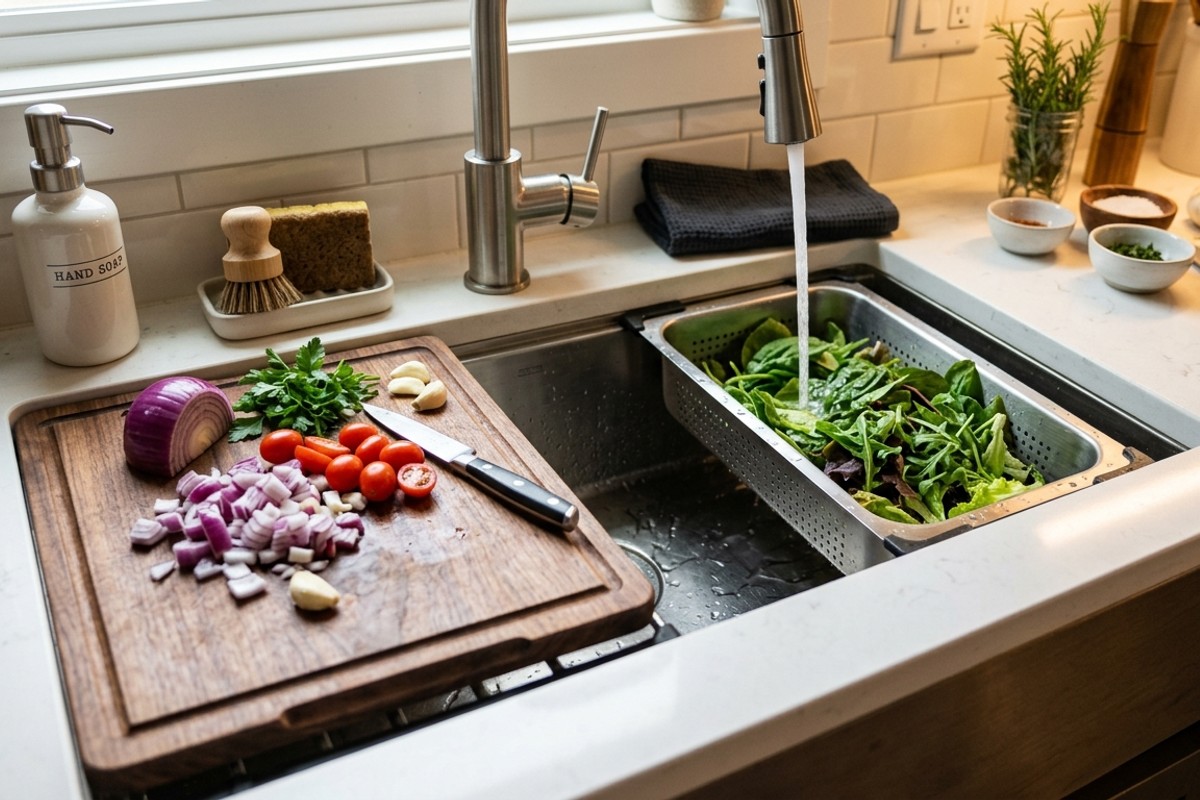 Modern workstation sink in a small kitchen with an integrated cutting board and colander, maximizing counter space