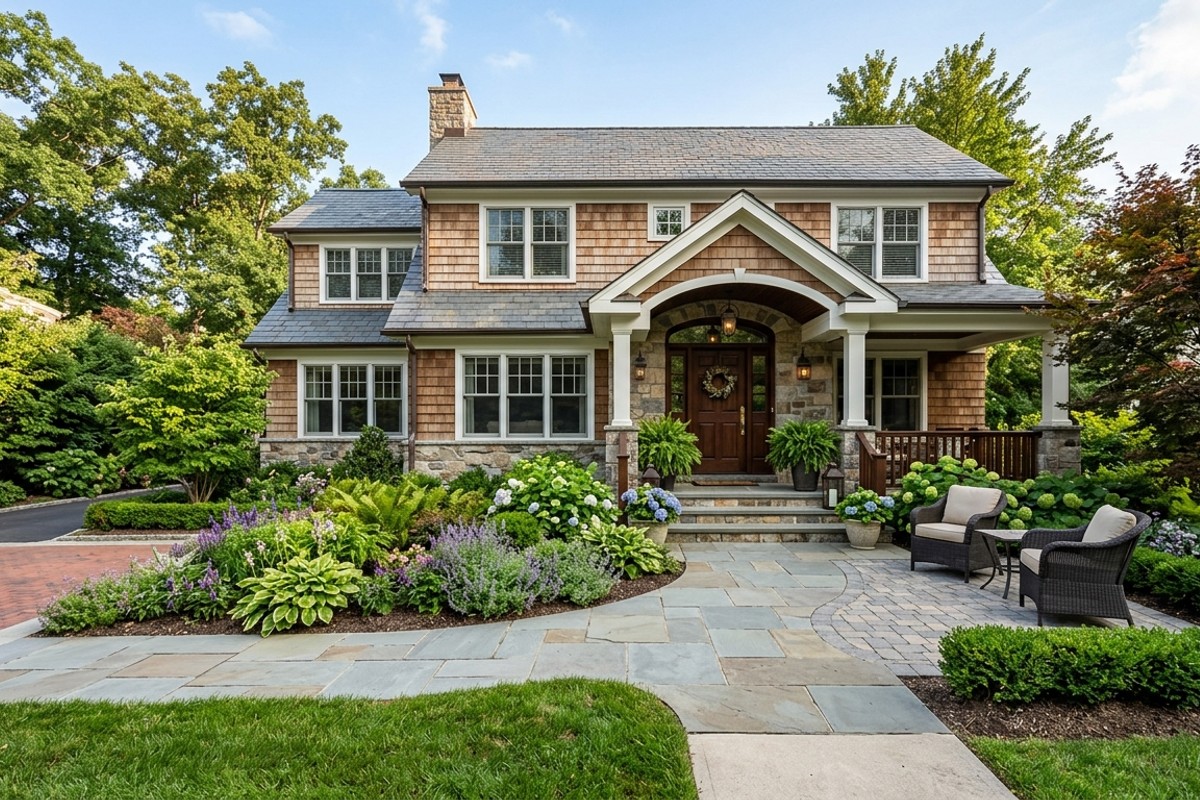 Bluestone pathway and paver patio as thoughtful hardscaping elements guiding to a home's front door.