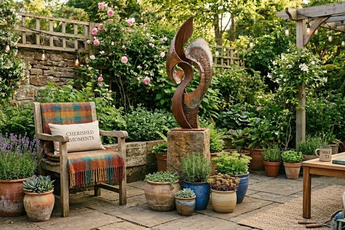 Personalized patio with meaningful decor: a unique sculpture, curated pots, and a hand-woven throw.