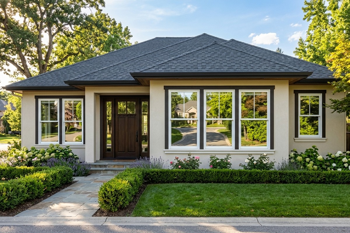 Sparkling, crystal-clear, streak-free windows on a home's exterior, reflecting sunlight.