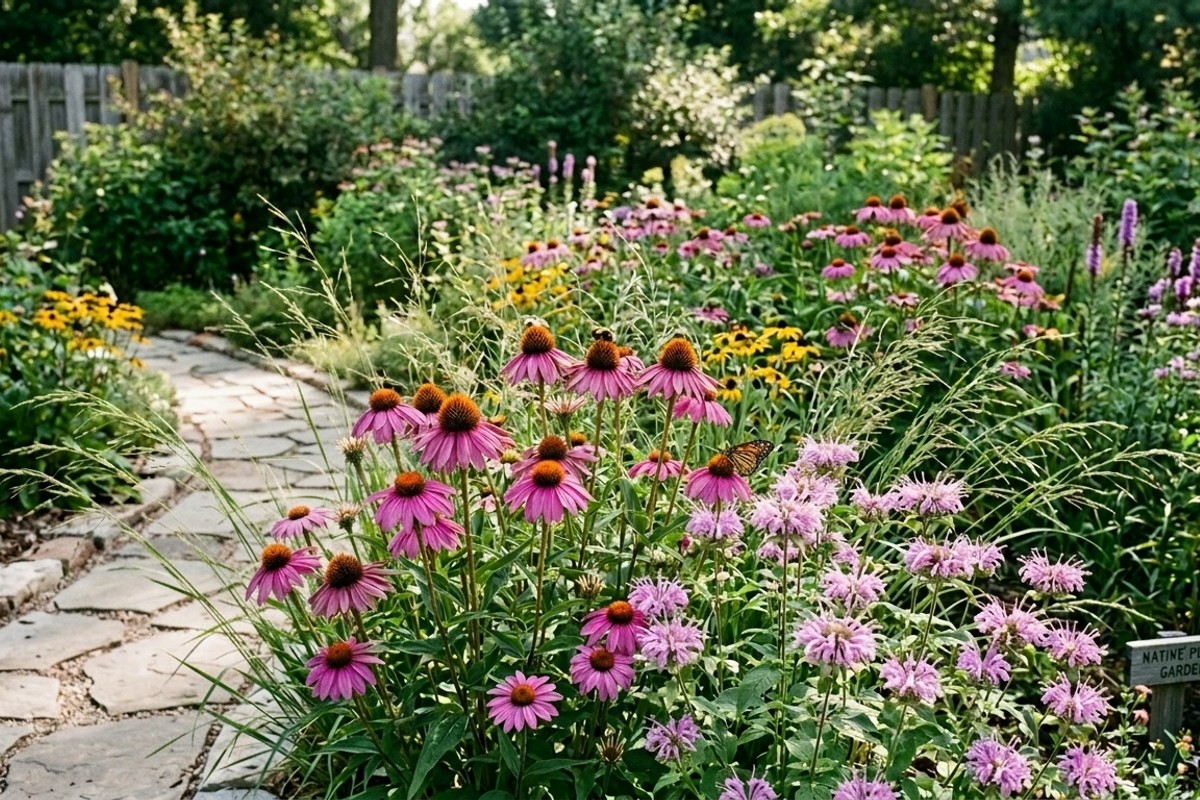 Native plant garden with purple coneflowers, graceful switchgrass, and vibrant wild bergamot thriving in natural sunlight.