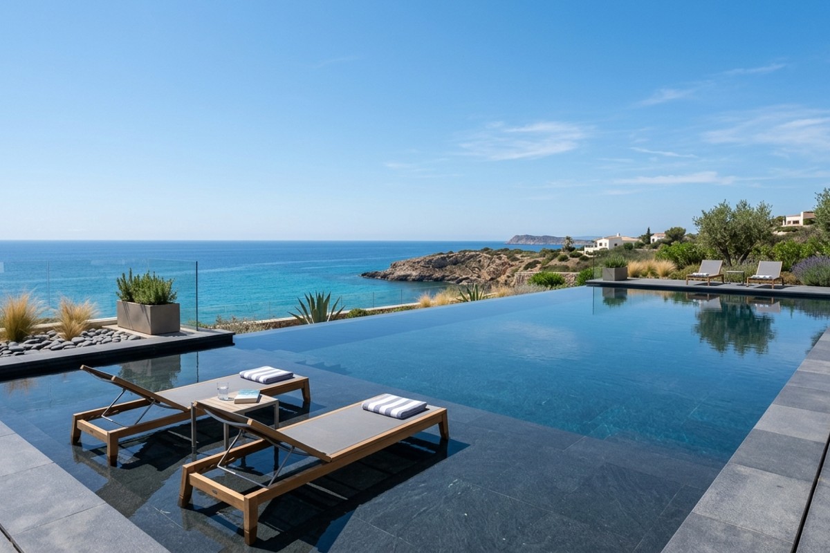 Infinity-edge pool with dark water, honed basalt coping, minimalist landscaping, reflecting the sky.