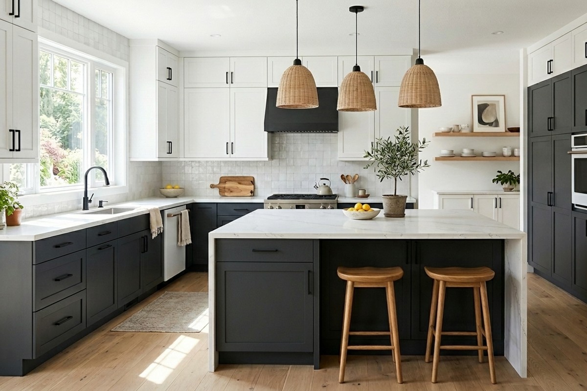 Modern kitchen with deep charcoal lower cabinets and crisp white upper cabinets.