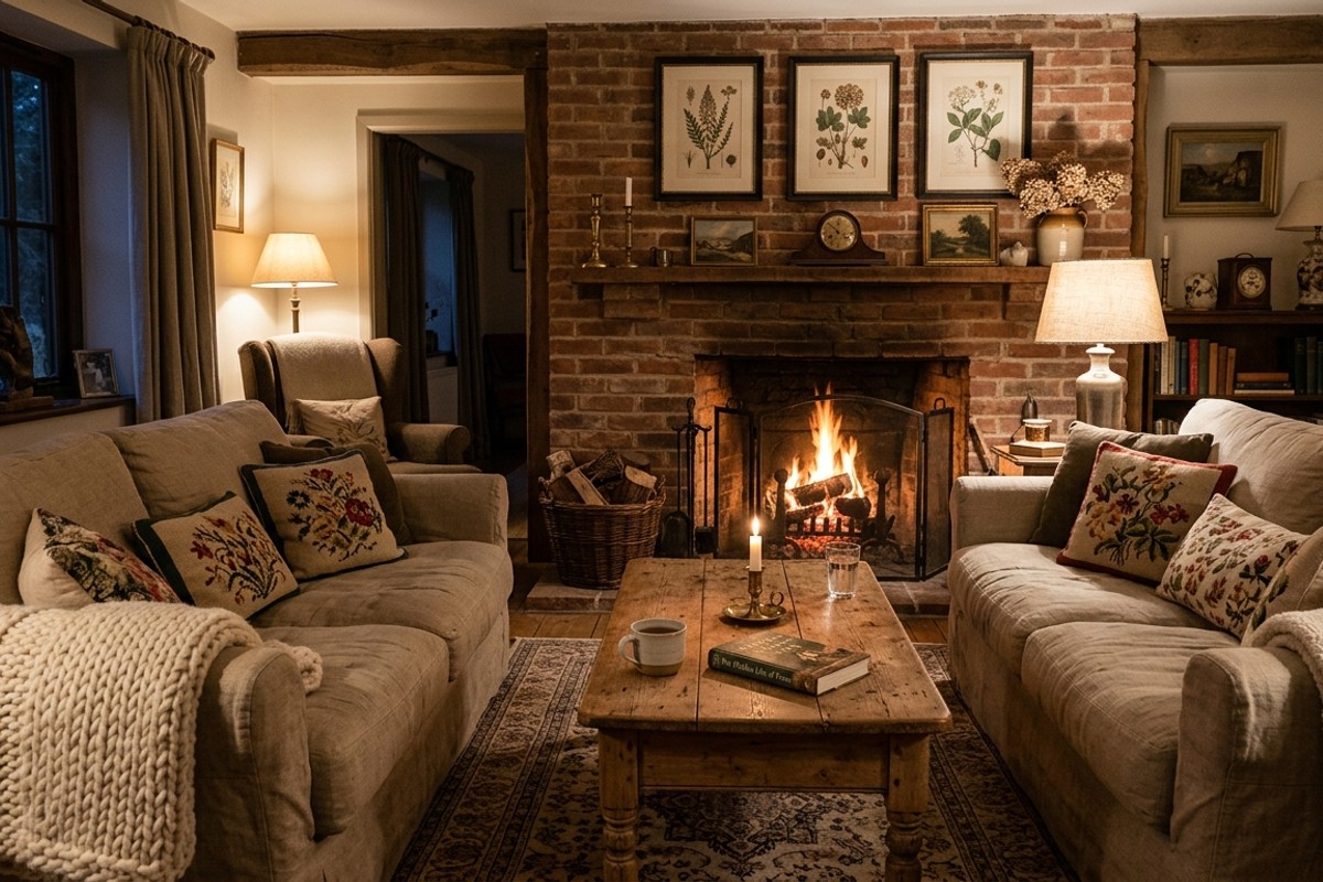 Cozy cottage living room with linen sofa, distressed coffee table, brick fireplace, vintage chest, and botanical prints.