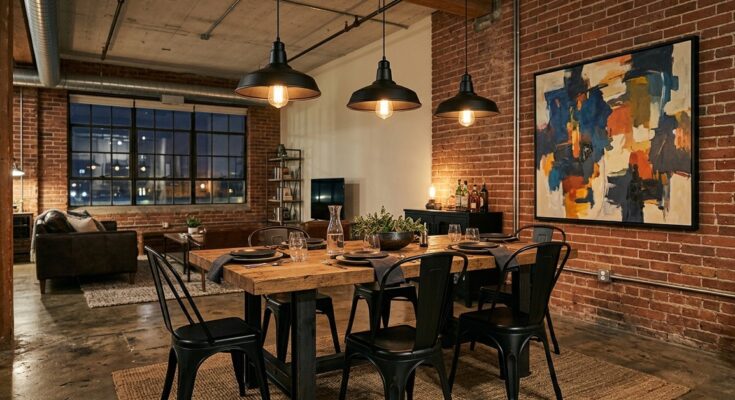 Industrial loft dining room with concrete floors, metal table, Tolix chairs, charcoal grey, deep browns, and abstract art.