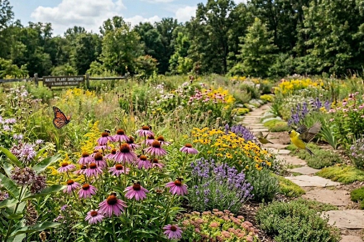 Native plant sanctuary with purple coneflowers, goldenrod, and native grasses creating a naturalistic meadow aesthetic.
