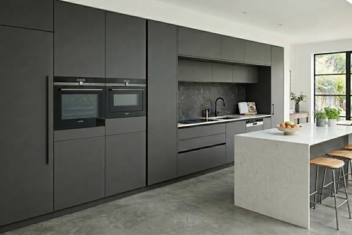 Sleek kitchen with integrated appliances behind custom cabinetry, creating an unbroken sophisticated visual line.