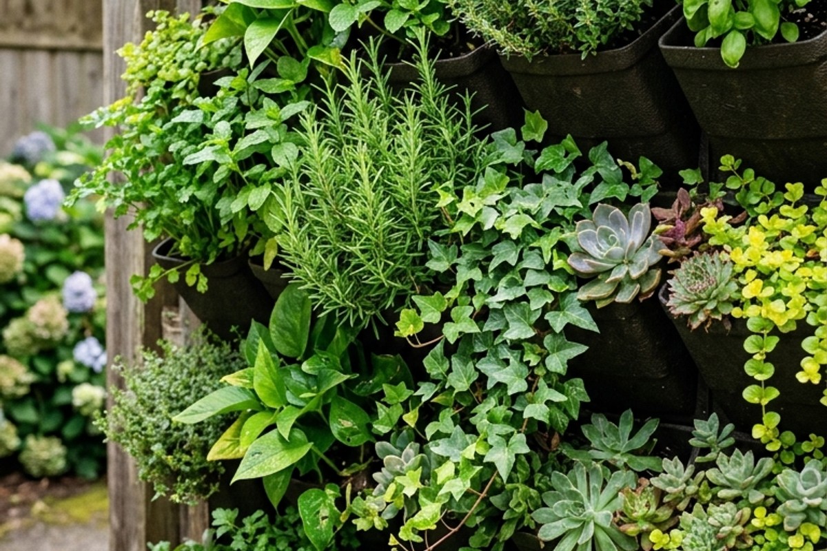 Vertical garden wall with herbs, succulents, and trailing plants on a fence