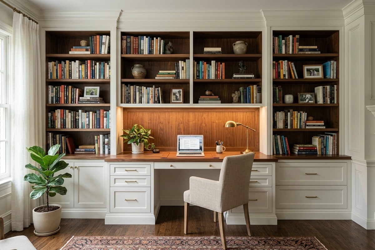 Built-in bookcase nook with warm walnut shelves, a matching desk in Benjamin Moore 'White Dove' millwork, and hidden drawers.