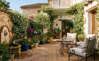 Mediterranean patio with terracotta tiles, wrought iron furniture, jasmine, olive trees, and a trickling fountain