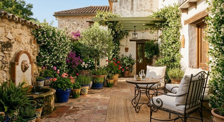 Mediterranean patio with terracotta tiles, wrought iron furniture, jasmine, olive trees, and a trickling fountain