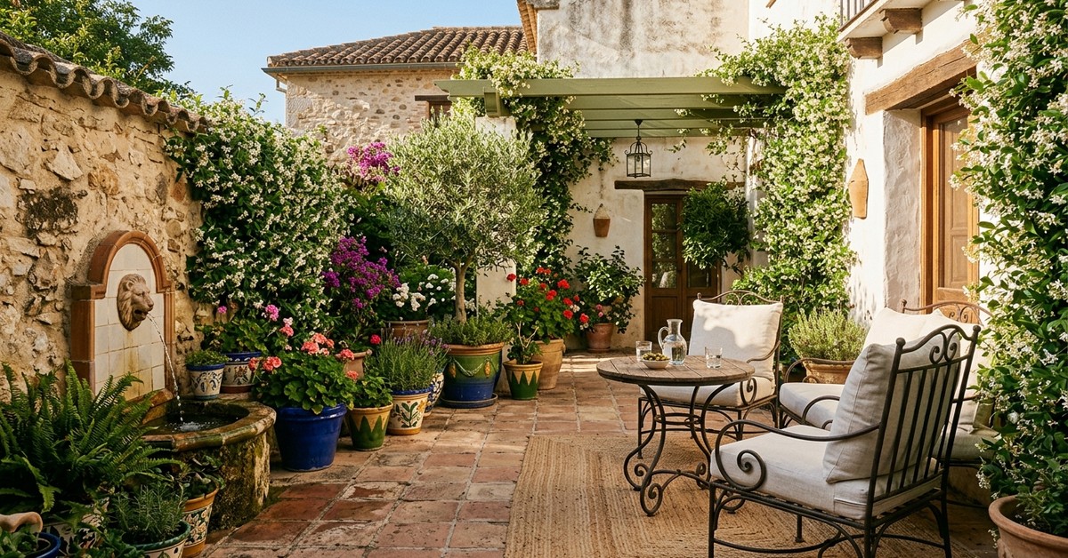 Mediterranean patio with terracotta tiles, wrought iron furniture, jasmine, olive trees, and a trickling fountain