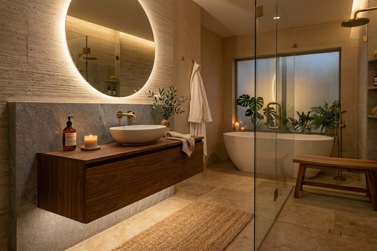 Spa-like bathroom with warm walnut vanity, teak shower bench, and dimmable lighting