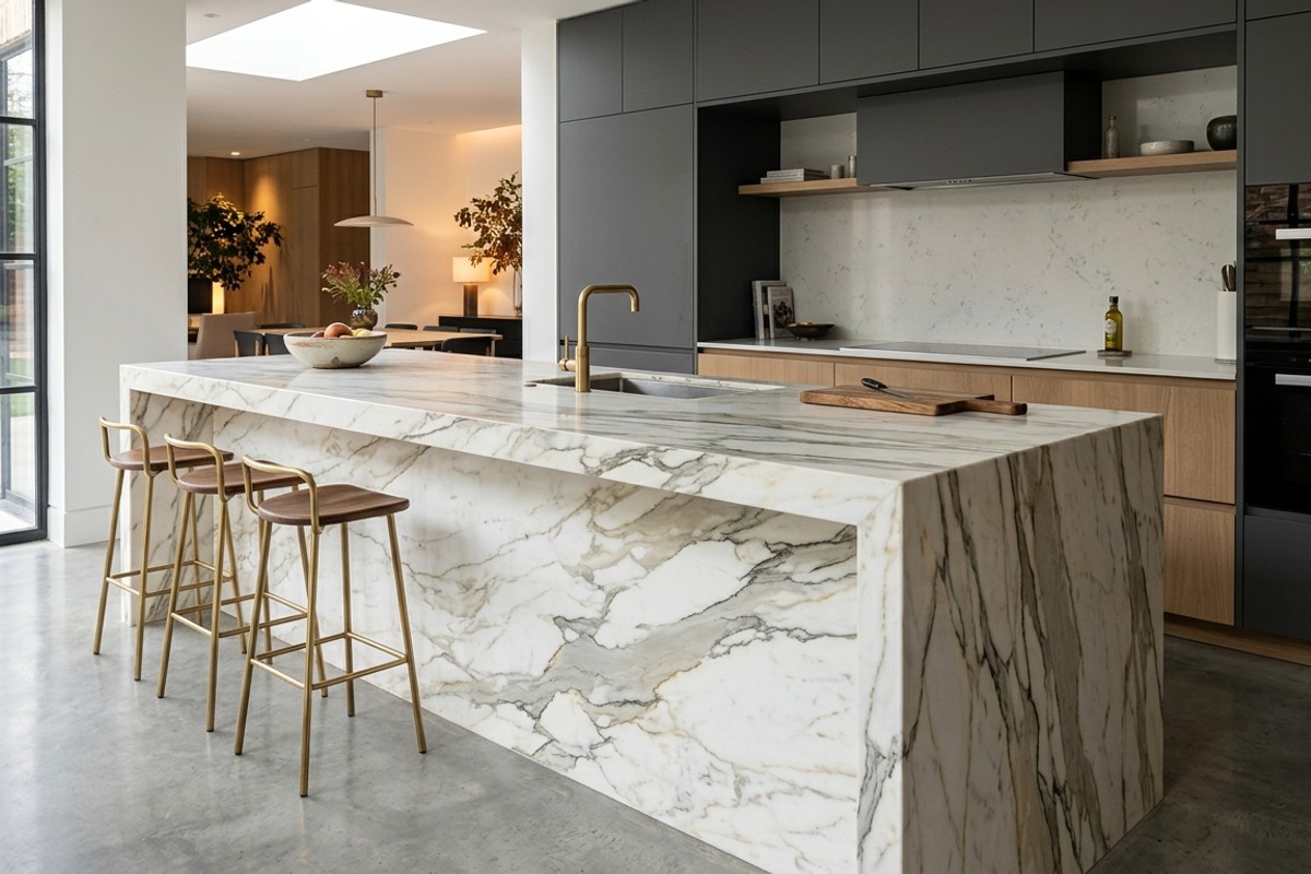 Luxurious Calacatta Gold or Carrara marble kitchen island with a waterfall edge, flowing seamlessly from countertop to floor in a modern kitchen.