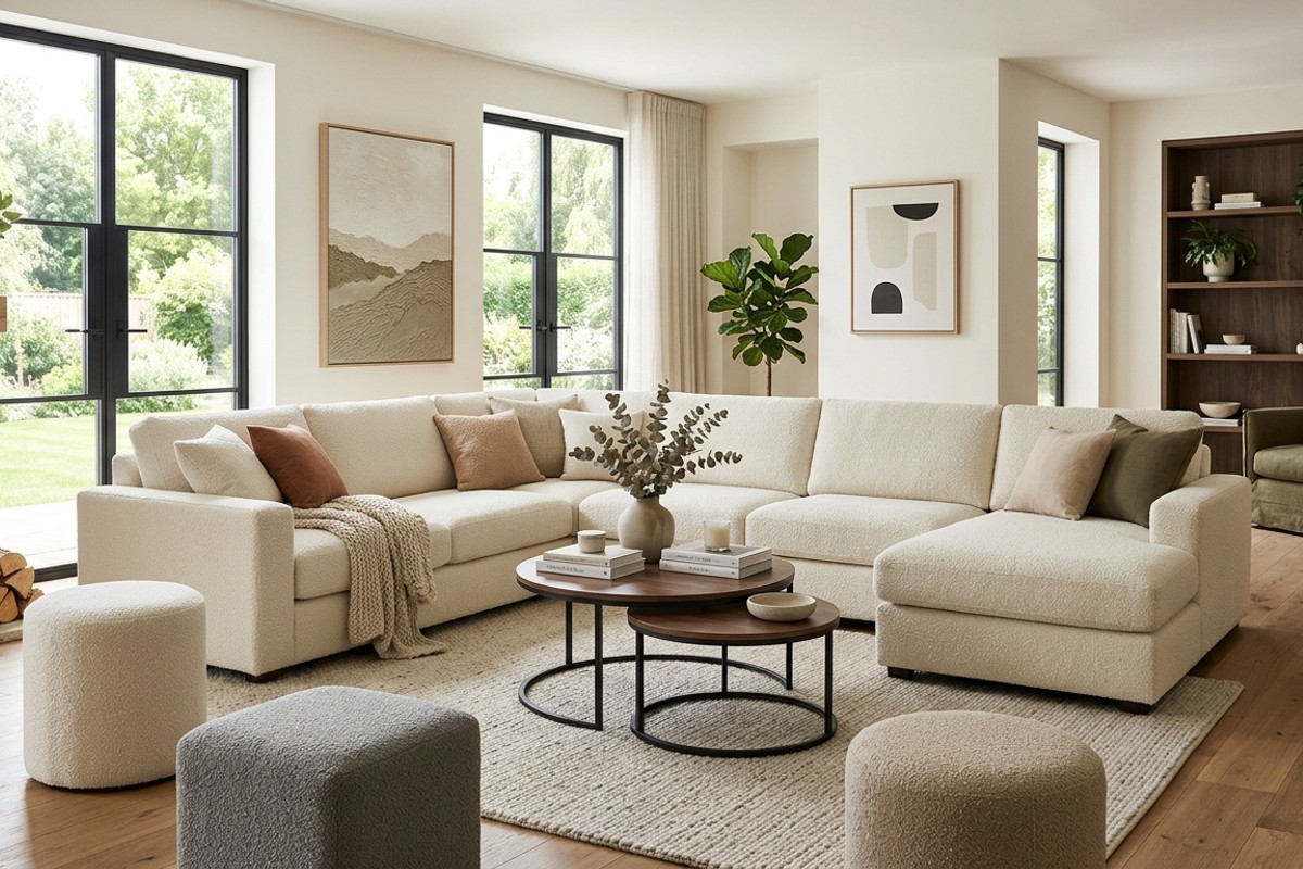 Large bouclé modular sectional sofa with nesting coffee tables, demonstrating versatile living room design