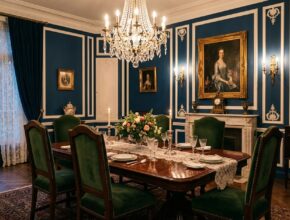Classic European dining room with mahogany table, forest green velvet chairs, Hague Blue walls, and crystal chandelier.