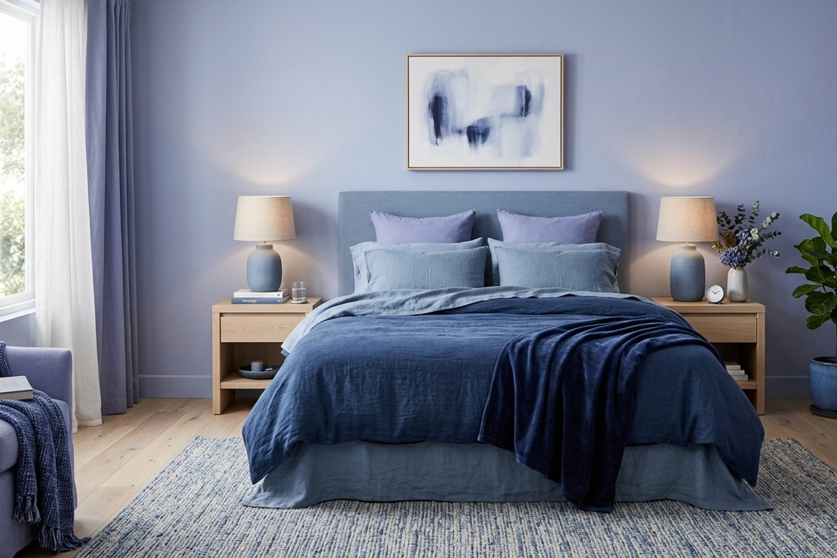 Monochromatic bedroom in periwinkle and dusty blue with linen sheets and white oak furniture.